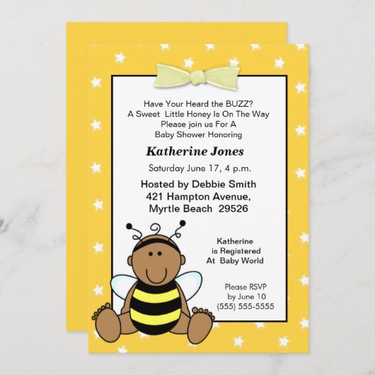 Einladung der Afroamerikanerin Baby Bee Baby Showe (Vorne/Hinten)
