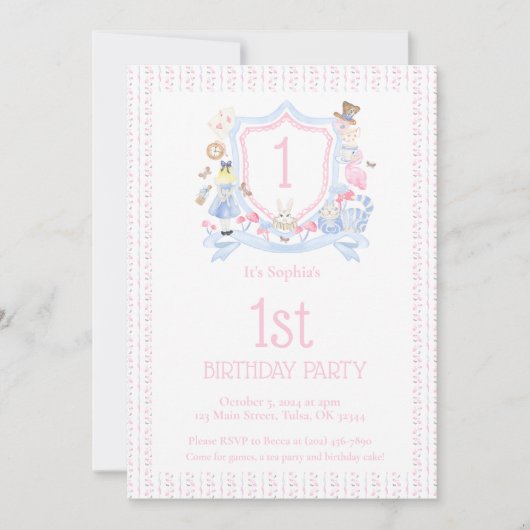 Einladung der Alice im Wunderland Monogramm Wappen (Vorderseite)