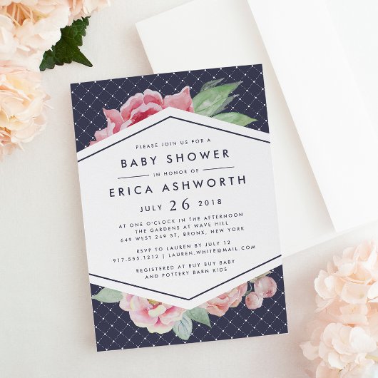 Einladung der antiken Peony Baby Dusche | Marine