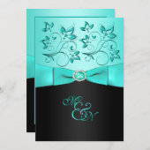 Einladung der Aqua und Black Floral II (Vorne/Hinten)