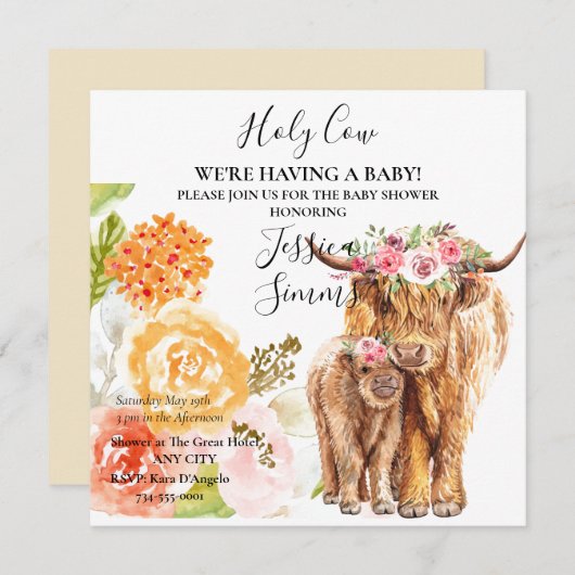 Einladung der Babydusche Boho Highland Calf (Vorne/Hinten)