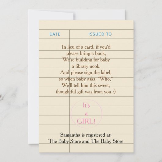 Einladung der Babydusche "Build-a-Library" Pink (Rückseite)