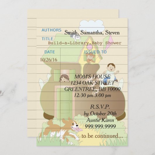 Einladung der Babydusche "Build-a-Library" Pink (Vorne/Hinten)