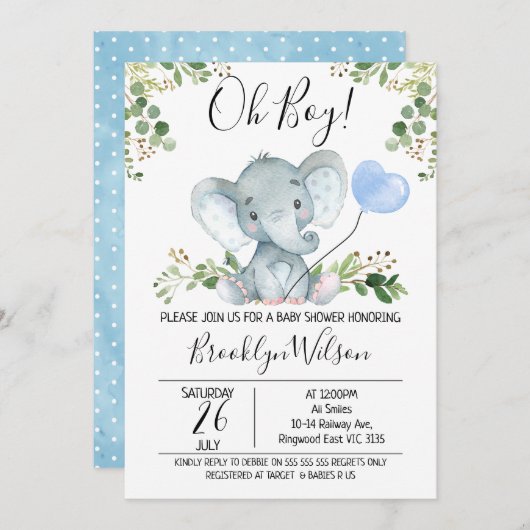 Einladung der Babydusche "Elephant Watercolor" (Vorne/Hinten)