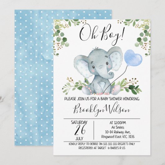 Einladung der Babydusche "Elephant Watercolor" (Vorne/Hinten)