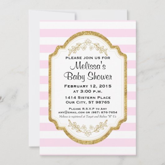 Einladung der Babydusche, Gold, rosa Streifen (Vorderseite)