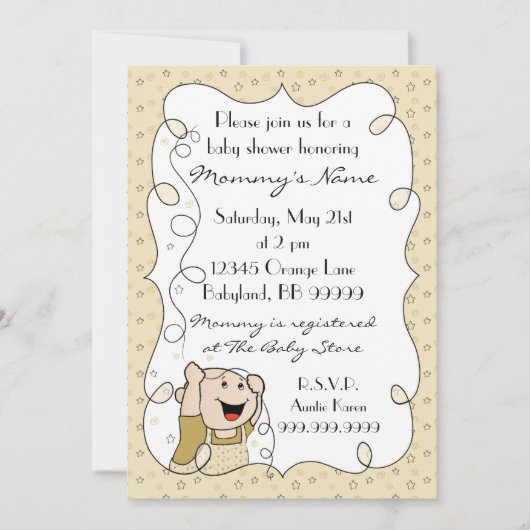 Einladung der Babydusche. Sterne/Baby/Gold/Schwarz (Vorderseite)