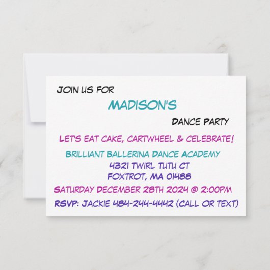 Einladung der Ballerina Birthday Party (Rückseite)