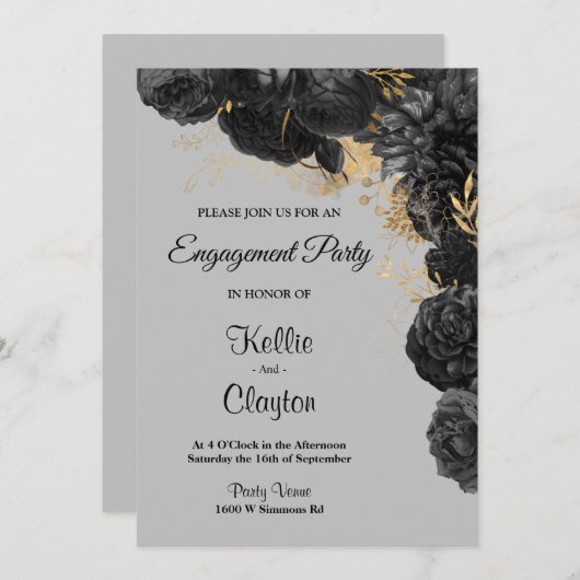Einladung der Black and Gold Floral Engagement Par (Vorne/Hinten)