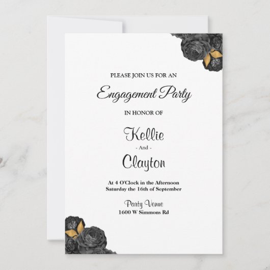 Einladung der Black and Gold Floral Engagement Par (Vorderseite)