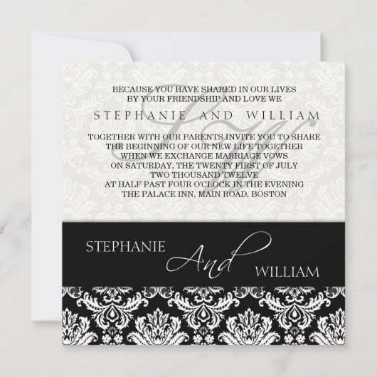 Einladung der Black Damask Wedding Monogram (Rückseite)