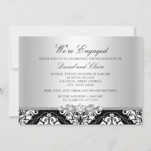 Einladung der Black Elegant Damask Engagement Part (Vorderseite)