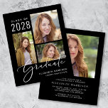 Einladung der Black Graduation Party des Budget Fo<br><div class="desc">Die preisgünstige Ankündigung und Party Einladung von schwarzen Abschlüssen mit einer 3-Foto-Collage und "Graduate" in einer stilvollen weißen Schriftzeichen-Typografie, und der Name, das Klassenzimmer und die Schule oder Universität in der modernen weißen Typografie. Auf der Rückseite fügen Sie ein zusätzliches Foto und die Details der Graduierungsparty hinzu. Dieses halbglänzende Haushaltspapier...</div>