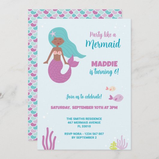Einladung der Black Mermaid Birthday Party (Vorne/Hinten)