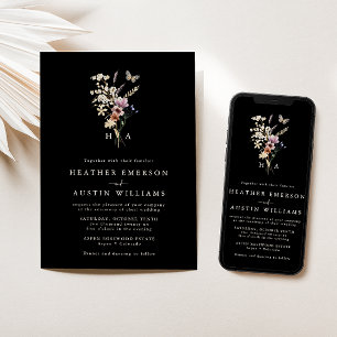 Einladung der Black Monogram Boho Floral Wedding