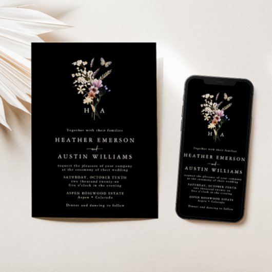 Einladung der Black Monogram Boho Floral Wedding