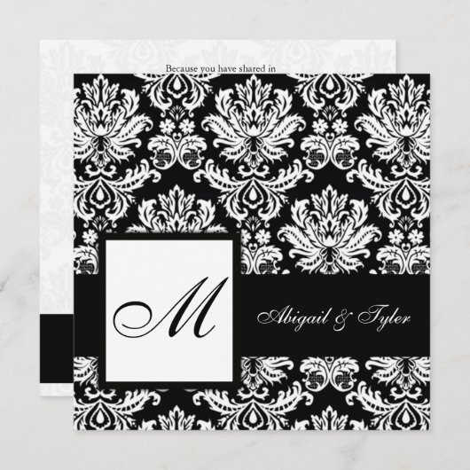 Einladung der Black Wedding Monogram Damask (Vorne/Hinten)