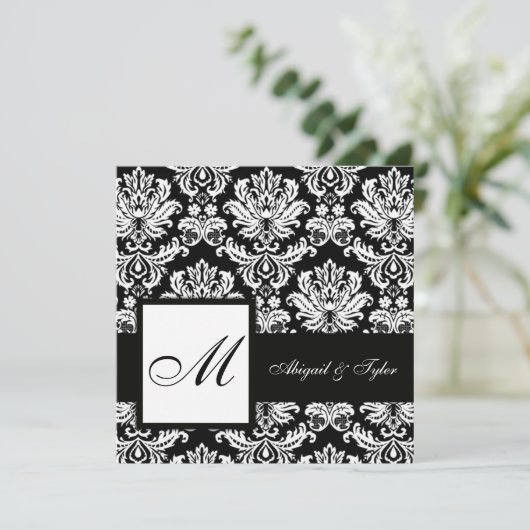 Einladung der Black Wedding Monogram Damask (Stehend Vorderseite)