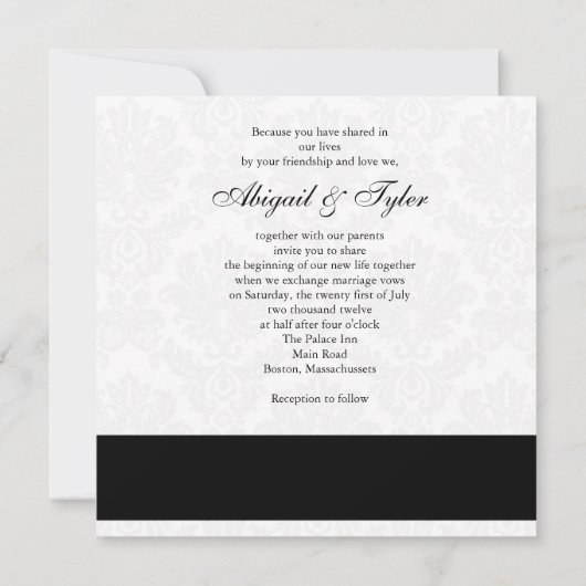 Einladung der Black Wedding Monogram Damask (Rückseite)