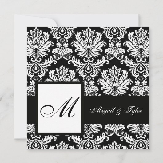 Einladung der Black Wedding Monogram Damask (Vorderseite)