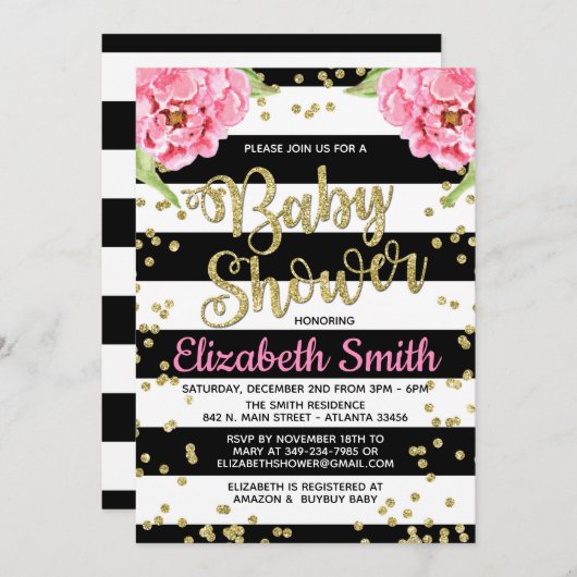 Einladung der Black & White Peony Baby Dusche (Vorne/Hinten)