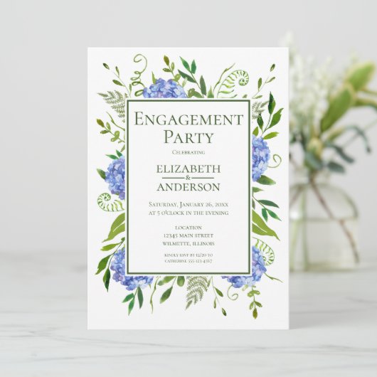 Einladung der "Blue Hydrangeas Engagement Party" (Stehend Vorderseite)