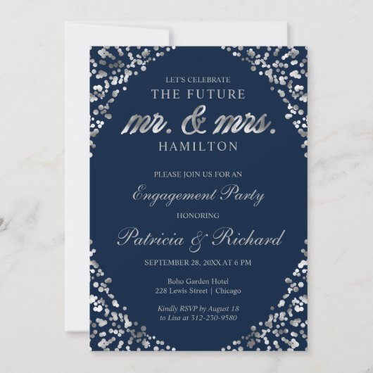 Einladung der Blue Silver Confetti Engagement Part (Vorderseite)