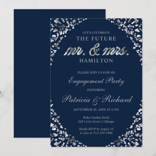 Einladung der Blue Silver Confetti Engagement Part (Vorne/Hinten)