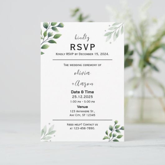 Einladung der Boho Greenery RSVP Card (Stehend Vorderseite)