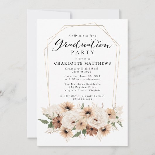 Einladung der Boho Script Floral Graduation Party (Vorderseite)