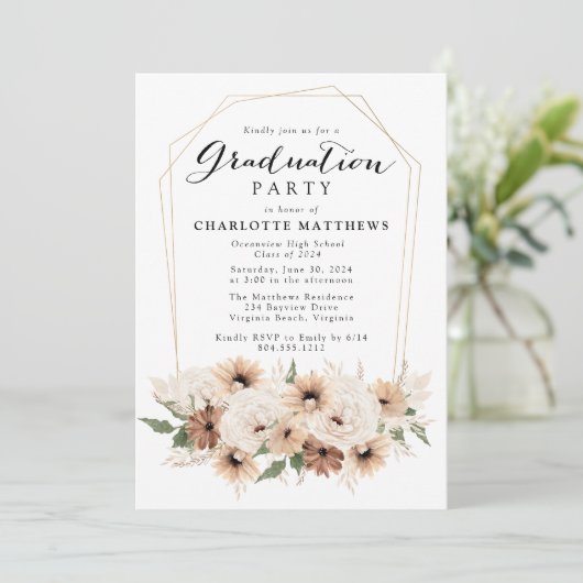 Einladung der Boho Script Floral Graduation Party (Stehend Vorderseite)