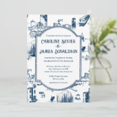 Einladung der Boston Toile Navy zur Hochzeit (Stehend Vorderseite)