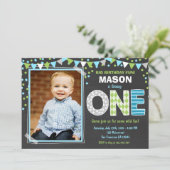 Einladung der Boy First Birthday Chalkboard (Stehend Vorderseite)