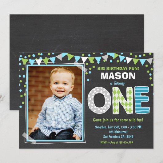 Einladung der Boy First Birthday Chalkboard (Vorne/Hinten)