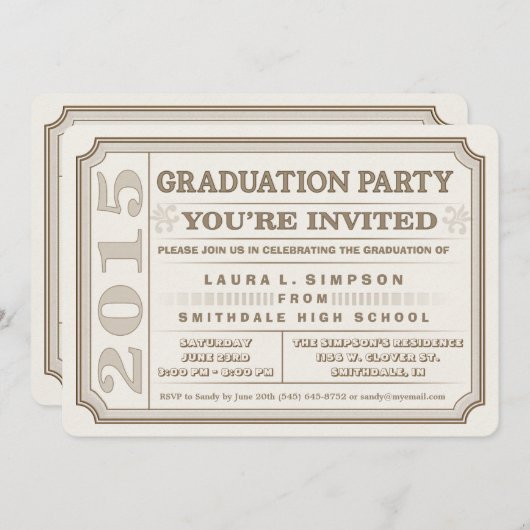 Einladung der Brown Graduation Party Ticket Style  (Vorne/Hinten)