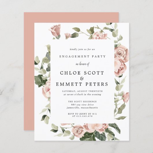 Einladung der "Budget Dusty Pink Rose Engagement P (Vorne/Hinten)