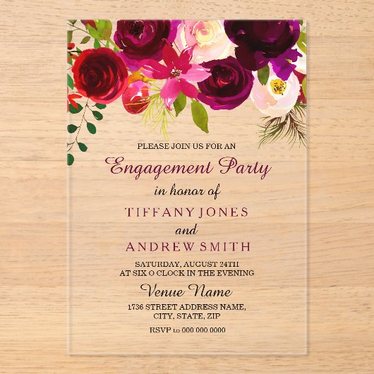 Einladung der burgundy Red Floral Boho Engagement (Vorderseite)