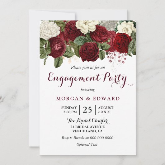 Einladung der burgundy Red White Floral Engagement (Vorderseite)