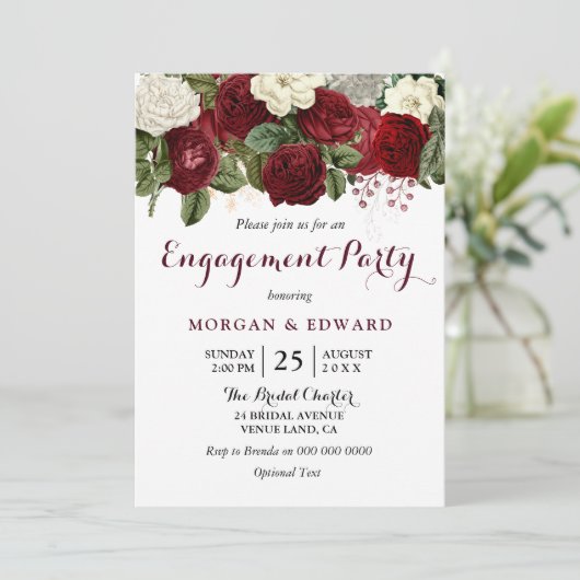 Einladung der burgundy Red White Floral Engagement (Stehend Vorderseite)