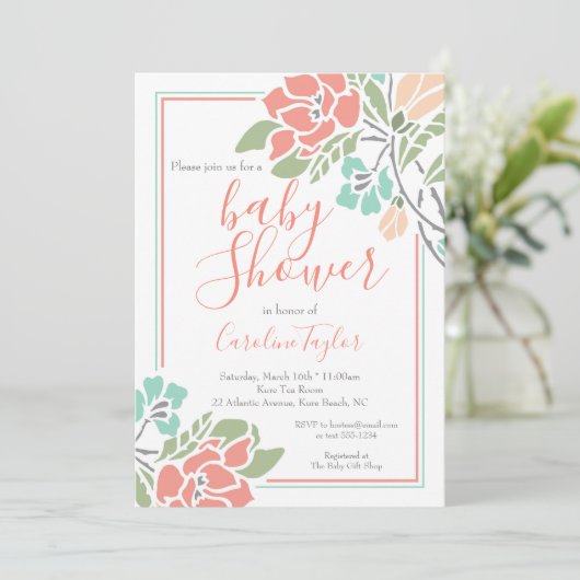 Einladung der Coral and Aquamarin Floral Baby Dusc (Stehend Vorderseite)