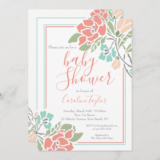 Einladung der Coral and Aquamarin Floral Baby Dusc (Vorne/Hinten)