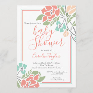 Einladung der Coral and Aquamarin Floral Baby Dusc