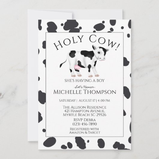 Einladung der Dusche "Holy Cow Print Boy" (Vorderseite)