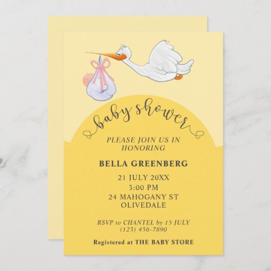 Einladung der Gelben Babydusche Stork (Vorne/Hinten)