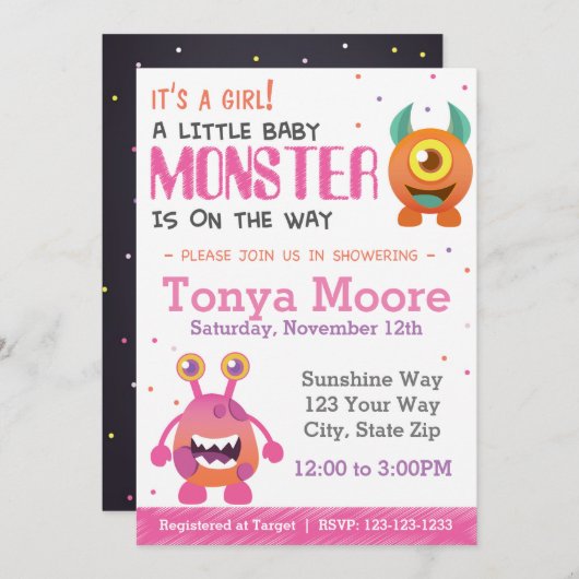 Einladung der Girl Monster Babydusche (Vorne/Hinten)