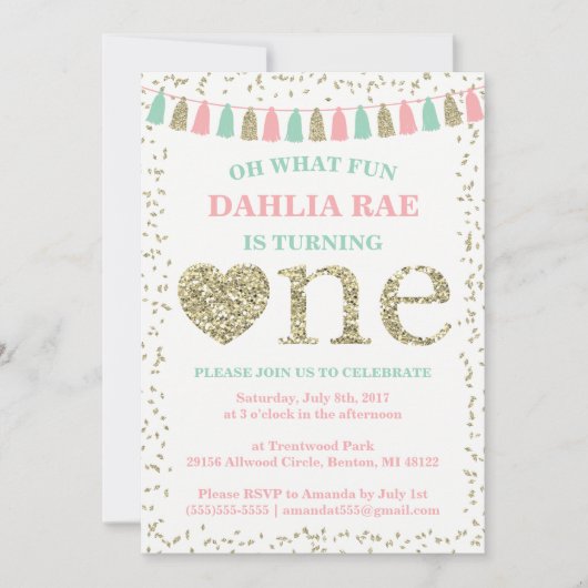 Einladung der Girl zum ersten Geburtstag Pink Mint (Vorderseite)