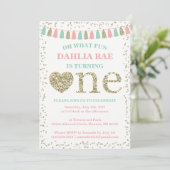 Einladung der Girl zum ersten Geburtstag Pink Mint (Stehend Vorderseite)