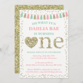 Einladung der Girl zum ersten Geburtstag Pink Mint (Vorne/Hinten)