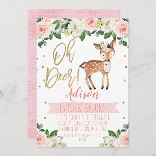 Einladung der Girls Oh Deer Birthday Party (Vorne/Hinten)