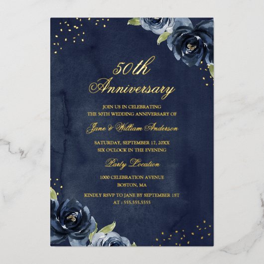 Einladung der GOLD FOIL Navy Gold Floral Jubiläum (Vorderseite)